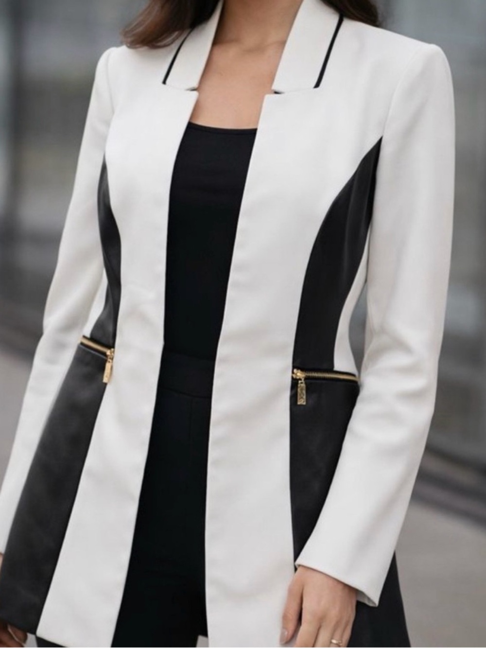 Anne Klein White Blazer with Black Contrast Panels and Gold Zippers